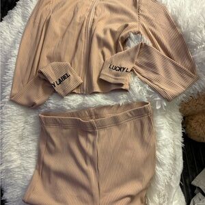 Lucky Label Ribbed Two-Piece Set in Beige size Medium